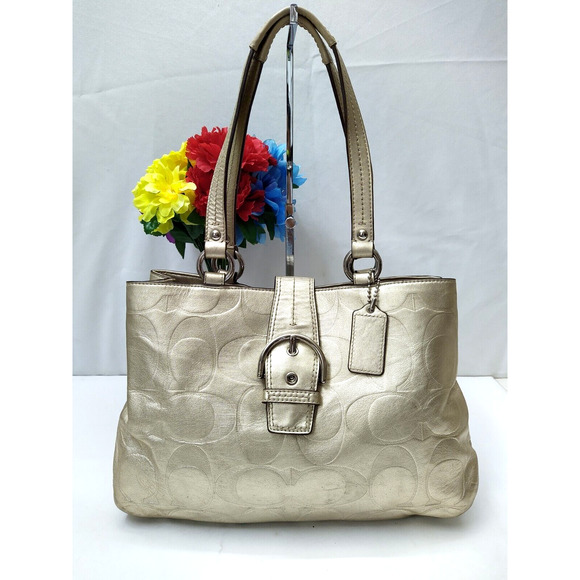 Coach Signature Metallic Gold Leather Buckle Satchel Shoulder Bag - Picture 1 of 12